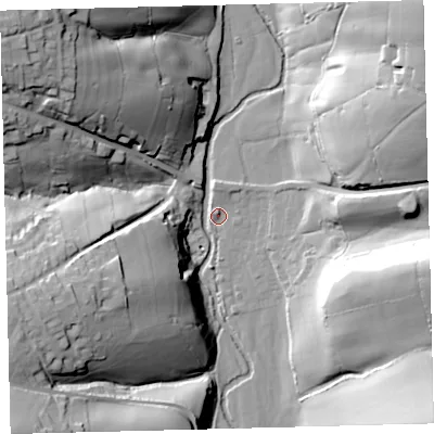 Shaded relief map of the ground around EX363QA, computed from Environment Agency LiDAR. The ground here sits at about 96 m above sea level and falls 56 m across the surrounding 800 m. Surface water reaching this point runs off ground lying to the north-east, 53.8 m higher.