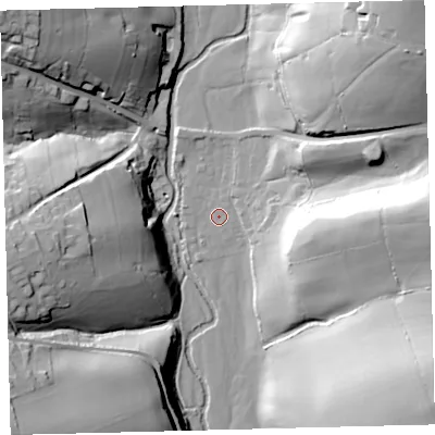 Shaded relief map of the ground around EX363QB, computed from Environment Agency LiDAR. The ground here sits at about 95 m above sea level and falls 53 m across the surrounding 800 m. Surface water reaching this point runs off ground lying to the east, 22.9 m higher.
