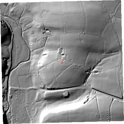 Shaded relief map of the ground around EX363QD, computed from Environment Agency LiDAR. The ground here sits at about 132 m above sea level and falls 70 m across the surrounding 800 m. Surface water reaching this point runs off ground lying to the north-east, 19.3 m higher.