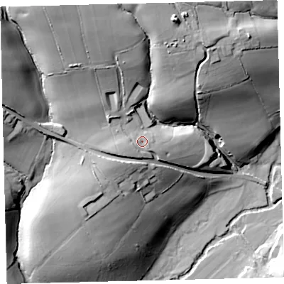 Shaded relief map of the ground around EX363QE, computed from Environment Agency LiDAR. The ground here sits at about 119 m above sea level and falls 56 m across the surrounding 800 m. Surface water reaching this point runs off ground lying to the west-south-west, 3.6 m higher.