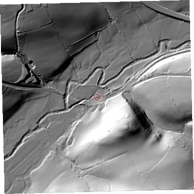 Shaded relief map of the ground around EX363QF, computed from Environment Agency LiDAR. The ground here sits at about 93 m above sea level and falls 64 m across the surrounding 800 m. Surface water reaching this point runs off ground lying to the south-east, 61.6 m higher.