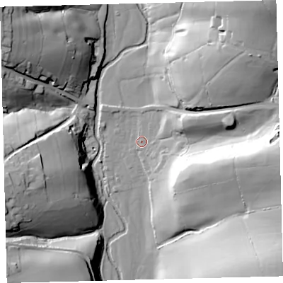 Shaded relief map of the ground around EX363QG, computed from Environment Agency LiDAR. The ground here sits at about 96 m above sea level and falls 60 m across the surrounding 800 m. Surface water reaching this point runs off ground lying to the east, 42.8 m higher.