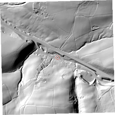 Shaded relief map of the ground around EX363QP, computed from Environment Agency LiDAR. The ground here sits at about 119 m above sea level and falls 84 m across the surrounding 800 m. Surface water reaching this point runs off ground lying to the south, 71.9 m higher.