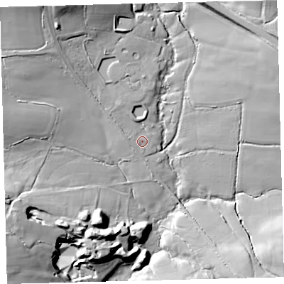 Shaded relief map of the ground around EX363RD, computed from Environment Agency LiDAR. The ground here sits at about 111 m above sea level and falls 30 m across the surrounding 800 m. Surface water reaching this point runs off ground lying to the north-north-west, 18.8 m higher.