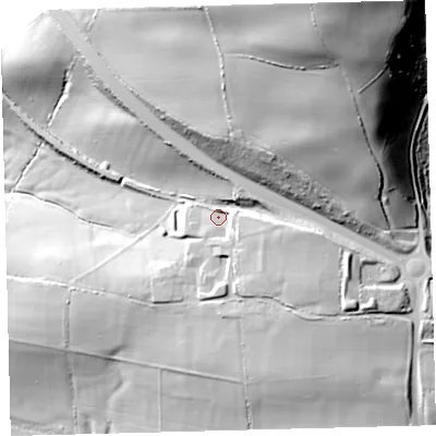 Shaded relief map of the ground around EX363RF, computed from Environment Agency LiDAR. The ground here sits at about 143 m above sea level and falls 98 m across the surrounding 800 m. Surface water reaching this point runs off ground lying to the north-north-east, 9.8 m higher.