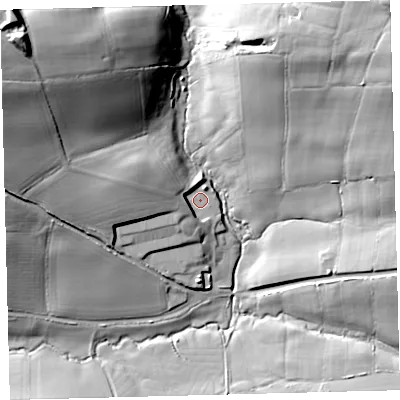 Shaded relief map of the ground around EX364HP, computed from Environment Agency LiDAR. The ground here sits at about 91 m above sea level and falls 53 m across the surrounding 800 m. Surface water reaching this point runs off ground lying to the west-north-west, 13.5 m higher.