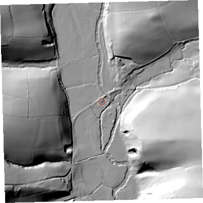 Shaded relief map of the ground around EX364HU, computed from Environment Agency LiDAR. The ground here sits at about 63 m above sea level and falls 70 m across the surrounding 800 m. Surface water reaching this point runs off ground lying to the west-south-west, 50.4 m higher.