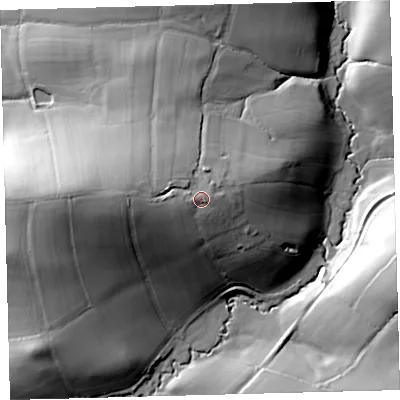 Shaded relief map of the ground around EX364HX, computed from Environment Agency LiDAR. The ground here sits at about 94 m above sea level and falls 39 m across the surrounding 800 m. Surface water reaching this point runs off ground lying to the west, 2.0 m higher.