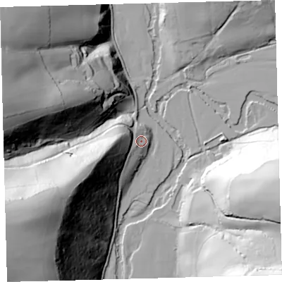 Shaded relief map of the ground around EX364JB, computed from Environment Agency LiDAR. The ground here sits at about 63 m above sea level and falls 90 m across the surrounding 800 m. Surface water reaching this point runs off ground lying to the west-south-west, 28.2 m higher.