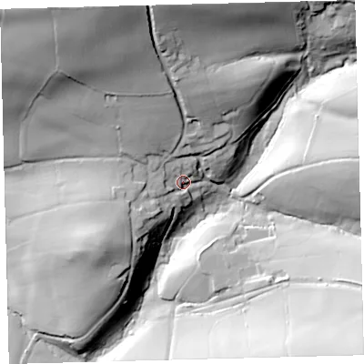Shaded relief map of the ground around EX364JE, computed from Environment Agency LiDAR. The ground here sits at about 85 m above sea level and falls 70 m across the surrounding 800 m. Surface water reaching this point runs off ground lying to the north-north-west, 49.5 m higher.