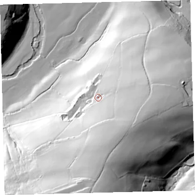 Shaded relief map of the ground around EX364LQ, computed from Environment Agency LiDAR. The ground here sits at about 122 m above sea level and falls 100 m across the surrounding 800 m. Surface water reaching this point runs off ground lying to the south-south-east, 37.7 m higher.
