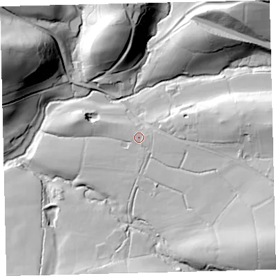 Shaded relief map of the ground around EX364QD, computed from Environment Agency LiDAR. The ground here sits at about 124 m above sea level and falls 52 m across the surrounding 800 m. Surface water reaching this point runs off ground lying to the south-east, 26.6 m higher.