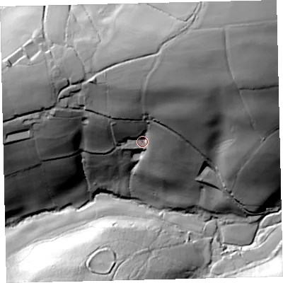 Shaded relief map of the ground around EX364RT, computed from Environment Agency LiDAR. The ground here sits at about 172 m above sea level and falls 90 m across the surrounding 800 m. Surface water reaching this point runs off ground lying to the north-north-east, 43.7 m higher.