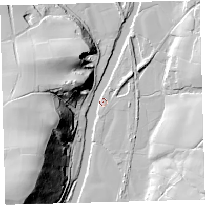 Shaded relief map of the ground around EX379AA, computed from Environment Agency LiDAR. The ground here sits at about 17 m above sea level and falls 72 m across the surrounding 800 m. Surface water reaching this point runs off ground lying to the south-west, 70.1 m higher.