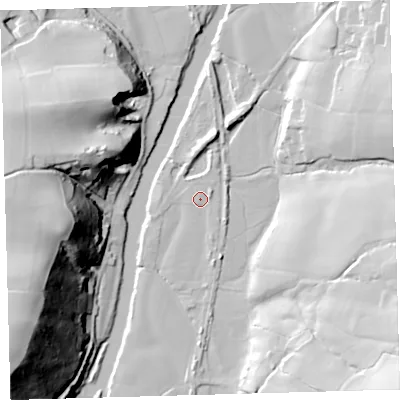 Shaded relief map of the ground around EX379AB, computed from Environment Agency LiDAR. The ground here sits at about 18 m above sea level and falls 69 m across the surrounding 800 m. Surface water reaching this point runs off ground lying to the south-south-east, 2.8 m higher.