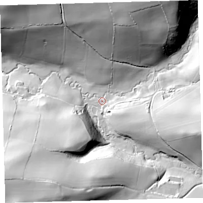 Shaded relief map of the ground around EX379AG, computed from Environment Agency LiDAR. The ground here sits at about 34 m above sea level and falls 64 m across the surrounding 800 m. Surface water reaching this point runs off ground lying to the north-north-east, 59.2 m higher.