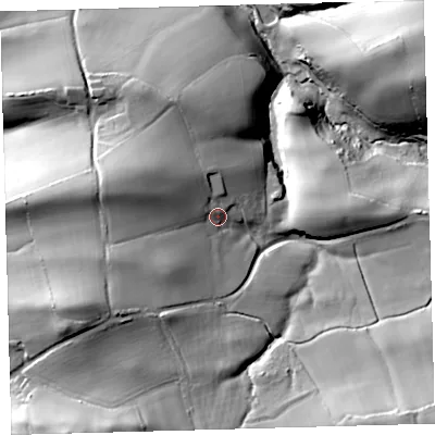 Shaded relief map of the ground around EX379AH, computed from Environment Agency LiDAR. The ground here sits at about 68 m above sea level and falls 48 m across the surrounding 800 m. Surface water reaching this point runs off ground lying to the south-west, 17.3 m higher.