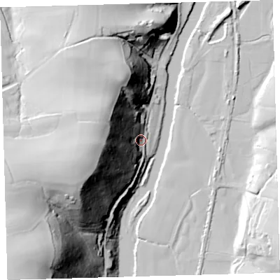 Shaded relief map of the ground around EX379AR, computed from Environment Agency LiDAR. The ground here sits at about 22 m above sea level and falls 94 m across the surrounding 800 m. Surface water reaching this point runs off ground lying to the west-south-west, 63.7 m higher.