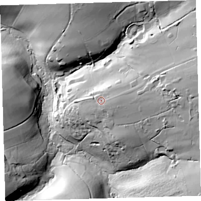 Shaded relief map of the ground around EX379BS, computed from Environment Agency LiDAR. The ground here sits at about 159 m above sea level and falls 47 m across the surrounding 800 m. Surface water reaching this point runs off ground lying to the east, 4.2 m higher.