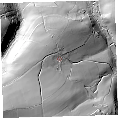 Shaded relief map of the ground around EX379BT, computed from Environment Agency LiDAR. The ground here sits at about 142 m above sea level and falls 63 m across the surrounding 800 m. Surface water reaching this point runs off ground lying to the west-south-west, 11.3 m higher.