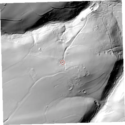 Shaded relief map of the ground around EX379BX, computed from Environment Agency LiDAR. The ground here sits at about 148 m above sea level and falls 71 m across the surrounding 800 m. Surface water reaching this point runs off ground lying to the south, 9.8 m higher.
