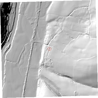 Shaded relief map of the ground around EX379DA, computed from Environment Agency LiDAR. The ground here sits at about 31 m above sea level and falls 68 m across the surrounding 800 m. Surface water reaching this point runs off ground lying to the south-east, 21.1 m higher.