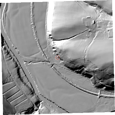 Shaded relief map of the ground around EX379DB, computed from Environment Agency LiDAR. The ground here sits at about 22 m above sea level and falls 66 m across the surrounding 800 m. Surface water reaching this point runs off ground lying to the east, 63.4 m higher.