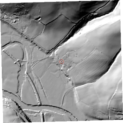 Shaded relief map of the ground around EX379DD, computed from Environment Agency LiDAR. The ground here sits at about 32 m above sea level and falls 82 m across the surrounding 800 m. Surface water reaching this point runs off ground lying to the east-north-east, 37.7 m higher.