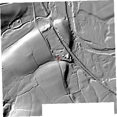 Shaded relief map of the ground around EX379DZ, computed from Environment Agency LiDAR. The ground here sits at about 14 m above sea level and falls 26 m across the surrounding 800 m. Surface water reaching this point runs off ground lying to the south-south-west, 20.6 m higher.