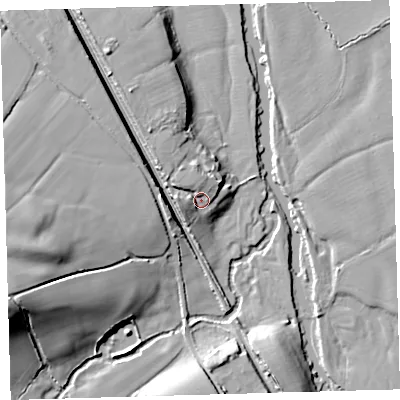 Shaded relief map of the ground around EX379EB, computed from Environment Agency LiDAR. The ground here sits at about 15 m above sea level and falls 28 m across the surrounding 800 m. Surface water reaching this point runs off ground lying to the west-north-west, 4.3 m higher.