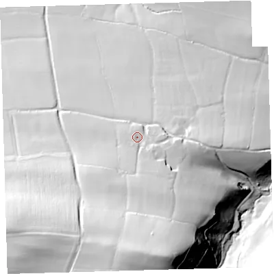 Shaded relief map of the ground around EX379EQ, computed from Environment Agency LiDAR. The ground here sits at about 65 m above sea level and falls 70 m across the surrounding 800 m. Surface water reaching this point runs off ground lying to the south, 38.7 m higher.