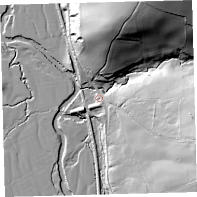Shaded relief map of the ground around EX379ET, computed from Environment Agency LiDAR. The ground here sits at about 47 m above sea level and falls 65 m across the surrounding 800 m. Surface water reaching this point runs off ground lying to the east-south-east, 42.3 m higher.