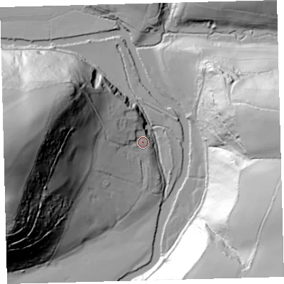 Shaded relief map of the ground around EX379HA, computed from Environment Agency LiDAR. The ground here sits at about 50 m above sea level and falls 97 m across the surrounding 800 m. Surface water reaching this point runs off ground lying to the west, 79.4 m higher.