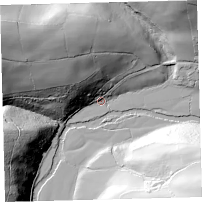 Shaded relief map of the ground around EX379HF, computed from Environment Agency LiDAR. The ground here sits at about 53 m above sea level and falls 88 m across the surrounding 800 m. Surface water reaching this point runs off ground lying to the north-west, 73.6 m higher.