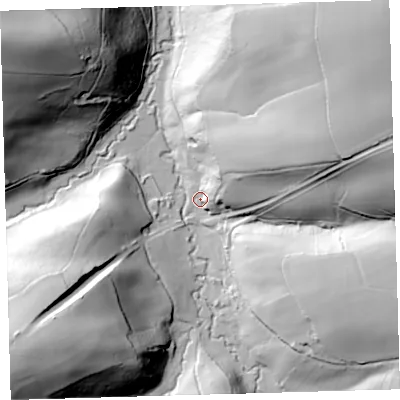 Shaded relief map of the ground around EX379HR, computed from Environment Agency LiDAR. The ground here sits at about 63 m above sea level and falls 85 m across the surrounding 800 m. Surface water reaching this point runs off ground lying to the east-north-east, 39.8 m higher.