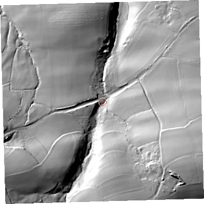 Shaded relief map of the ground around EX379JA, computed from Environment Agency LiDAR. The ground here sits at about 68 m above sea level and falls 64 m across the surrounding 800 m. Surface water reaching this point runs off ground lying to the south-east, 46.1 m higher.