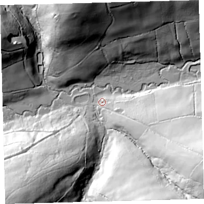 Shaded relief map of the ground around EX379JN, computed from Environment Agency LiDAR. The ground here sits at about 68 m above sea level and falls 81 m across the surrounding 800 m. Surface water reaching this point runs off ground lying to the south-east, 21.3 m higher.