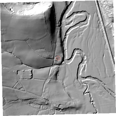 Shaded relief map of the ground around EX379JR, computed from Environment Agency LiDAR. The ground here sits at about 47 m above sea level and falls 47 m across the surrounding 800 m. Surface water reaching this point runs off ground lying to the north-west, 34.5 m higher.