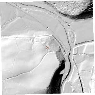 Shaded relief map of the ground around EX379JS, computed from Environment Agency LiDAR. The ground here sits at about 59 m above sea level and falls 86 m across the surrounding 800 m. Surface water reaching this point runs off ground lying to the south-south-west, 58.6 m higher.