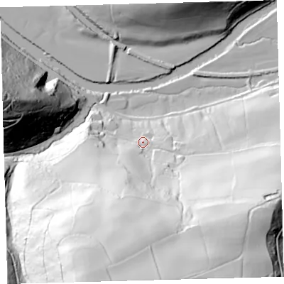 Shaded relief map of the ground around EX379NA, computed from Environment Agency LiDAR. The ground here sits at about 45 m above sea level and falls 127 m across the surrounding 800 m. Surface water reaching this point runs off ground lying to the south, 110.5 m higher.