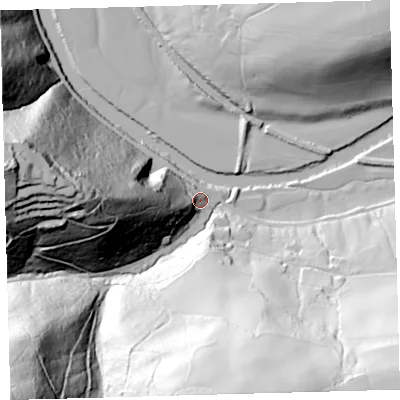 Shaded relief map of the ground around EX379NB, computed from Environment Agency LiDAR. The ground here sits at about 36 m above sea level and falls 114 m across the surrounding 800 m. Surface water reaching this point runs off ground lying to the west, 63.4 m higher.