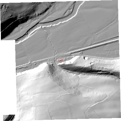 Shaded relief map of the ground around EX379ND, computed from Environment Agency LiDAR. The ground here sits at about 35 m above sea level and falls 94 m across the surrounding 800 m. Surface water reaching this point runs off ground lying to the south, 90.1 m higher.
