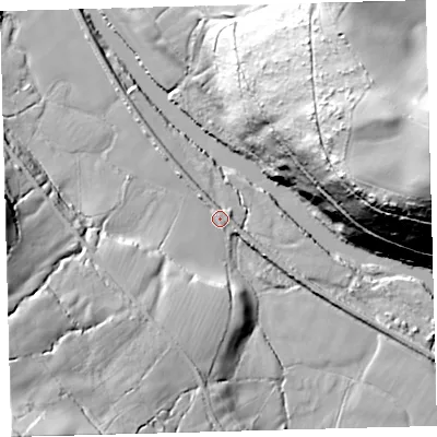 Shaded relief map of the ground around EX379NE, computed from Environment Agency LiDAR. The ground here sits at about 38 m above sea level and falls 76 m across the surrounding 800 m. Surface water reaching this point runs off ground lying to the south-south-west, 28.0 m higher.