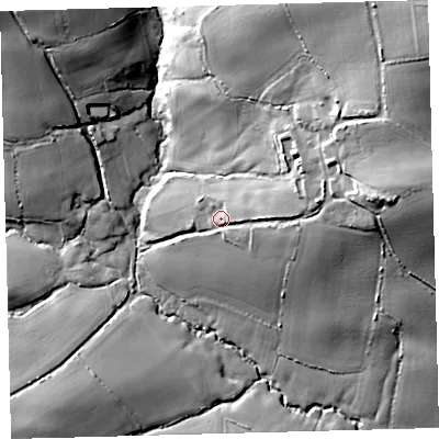 Shaded relief map of the ground around EX379RE, computed from Environment Agency LiDAR. The ground here sits at about 91 m above sea level and falls 54 m across the surrounding 800 m. Surface water reaching this point runs off ground lying to the east-north-east, 31.8 m higher.