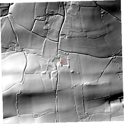 Shaded relief map of the ground around EX379RZ, computed from Environment Agency LiDAR. The ground here sits at about 85 m above sea level and falls 54 m across the surrounding 800 m. Surface water reaching this point runs off ground lying to the south-east, 6.9 m higher.