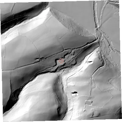 Shaded relief map of the ground around EX379TG, computed from Environment Agency LiDAR. The ground here sits at about 93 m above sea level and falls 91 m across the surrounding 800 m. Surface water reaching this point runs off ground lying to the north-west, 25.2 m higher.