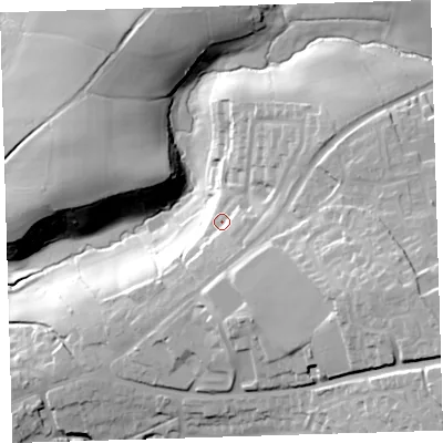 Shaded relief map of the ground around EX387DW, computed from Environment Agency LiDAR. The ground here sits at about 92 m above sea level and falls 49 m across the surrounding 800 m. Surface water reaching this point runs off ground lying to the south-south-east, 6.8 m higher.