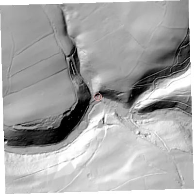 Shaded relief map of the ground around EX387EP, computed from Environment Agency LiDAR. The ground here sits at about 34 m above sea level and falls 81 m across the surrounding 800 m. Surface water reaching this point runs off ground lying to the north-east, 70.6 m higher.