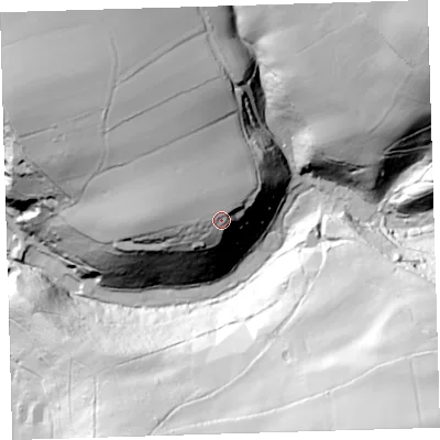 Shaded relief map of the ground around EX387EW, computed from Environment Agency LiDAR. The ground here sits at about 68 m above sea level and falls 89 m across the surrounding 800 m. Surface water reaching this point runs off ground lying to the west-north-west, 5.2 m higher.