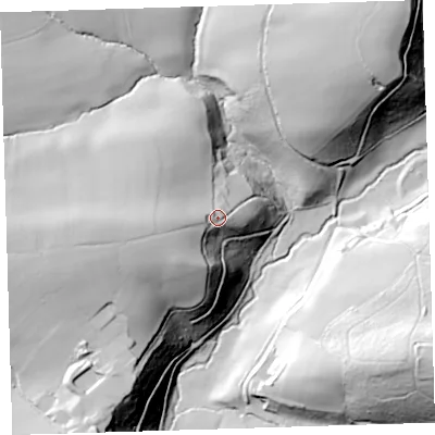 Shaded relief map of the ground around EX387HB, computed from Environment Agency LiDAR. The ground here sits at about 73 m above sea level and falls 67 m across the surrounding 800 m. Surface water reaching this point runs off ground lying to the west, 21.1 m higher.